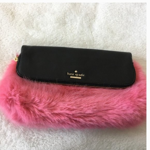 kate spade evening belles steffe faux fur pink black leather clutch purse bag - Picture 7 of 16